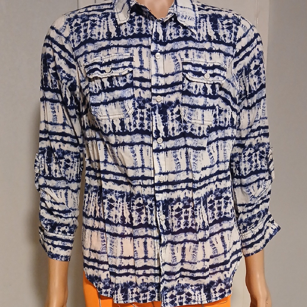 Jones New York Navy and White Tie-Dye Shirt